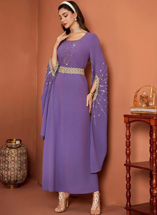 Take Two Women Purple Rhinestone Embellished Slit Sleeve Jalabiya